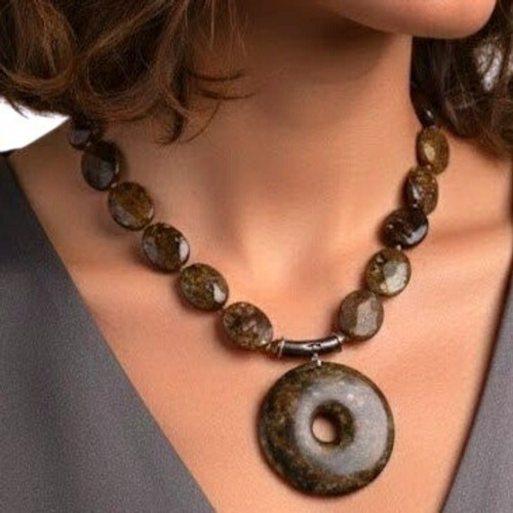 Large Bronzite Gemstone Statement Necklace Faceted Beads Round Donut Pendant